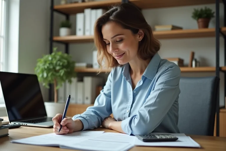 Femme consultant des documents de prêt immobilier Casden à son bureau pour réduire son taux