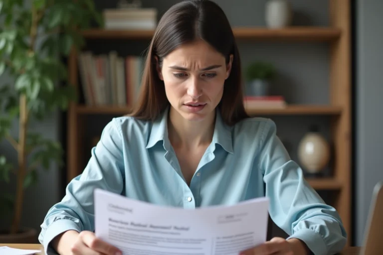 Femme consultant des documents de location pour évaluer un remboursement sur 123 Loger