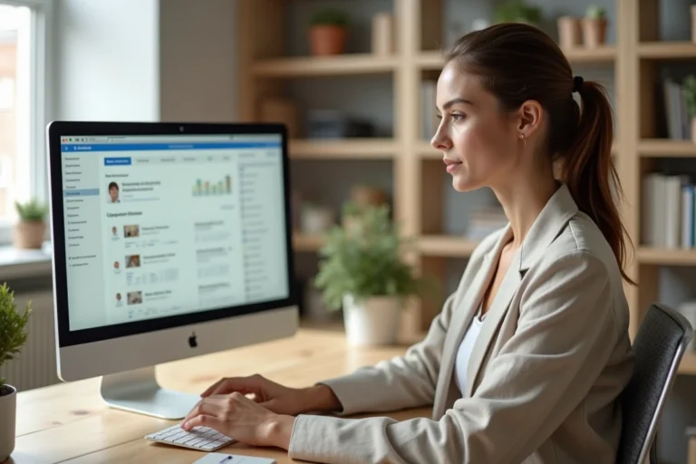 Femme entrepreneur gérant son entreprise en ligne depuis son bureau à domicile avec deux écrans affichant un tableau de bord et un site e-commerce