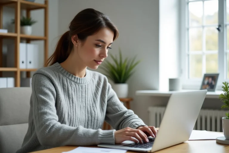 Femme remplissant un formulaire en ligne sur un ordinateur portable dans un bureau à domicile, illustrant l'utilisation correcte des abréviations administratives comme 'apt' pour appartement