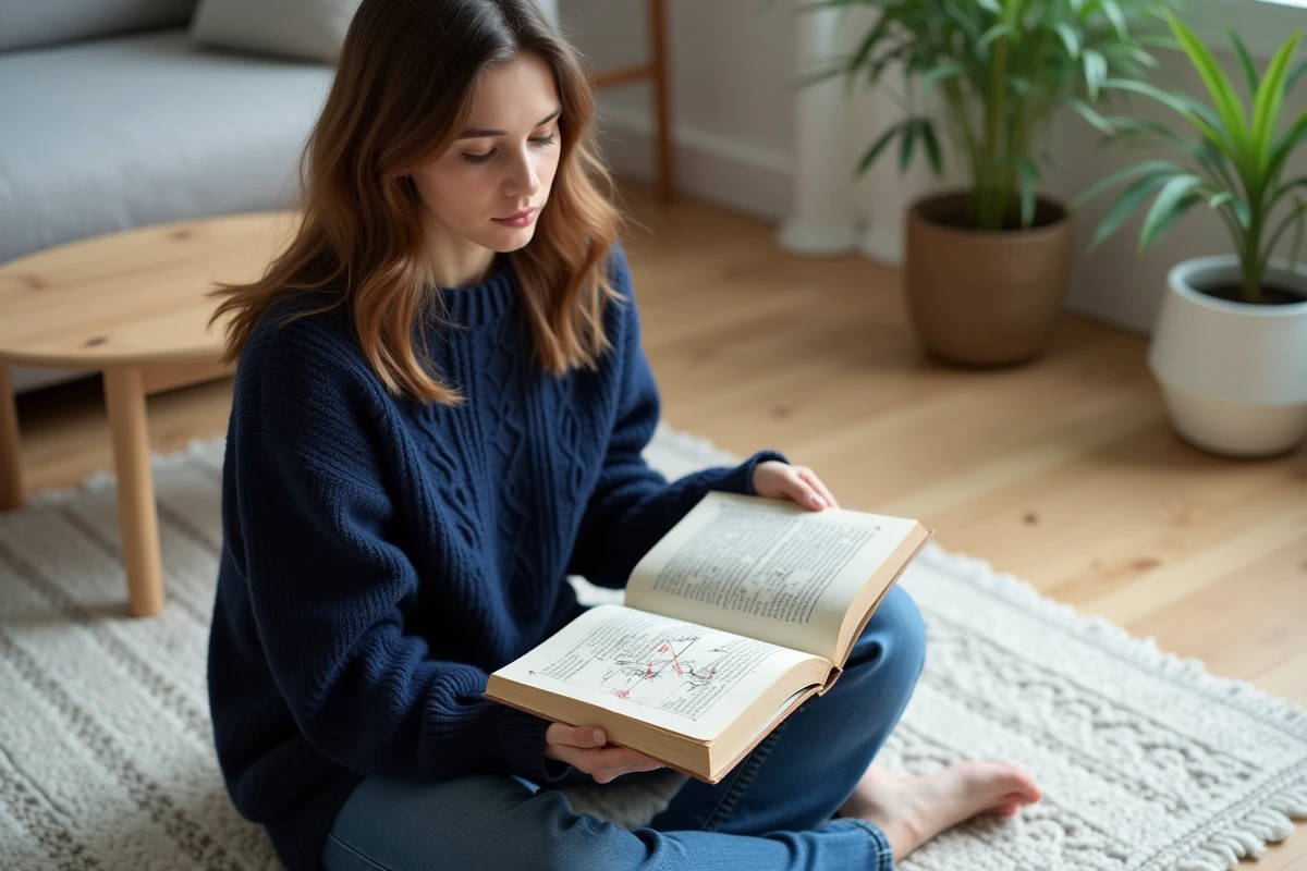 Jeune femme lisant un livre sur l'histoire et la signification mathématique du symbole de l'infini dans un appartement minimaliste