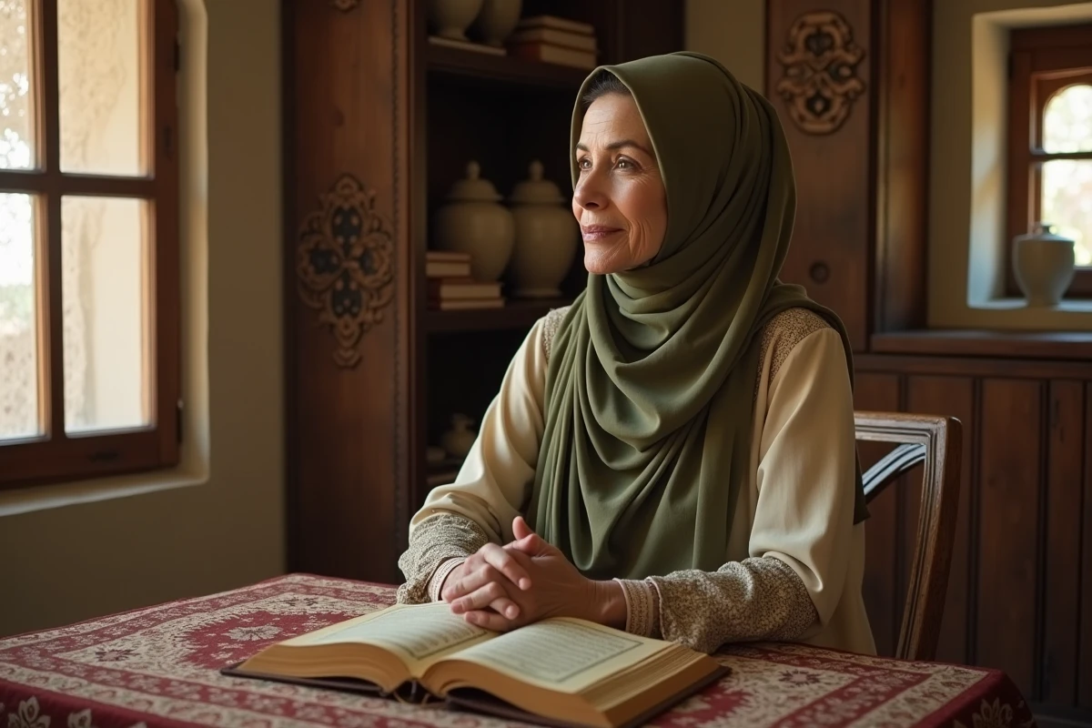 Femme musulmane lisant le Coran dans un intérieur traditionnel, pensive, évoquant l'interprétation islamique des rêves sur les parents décédés