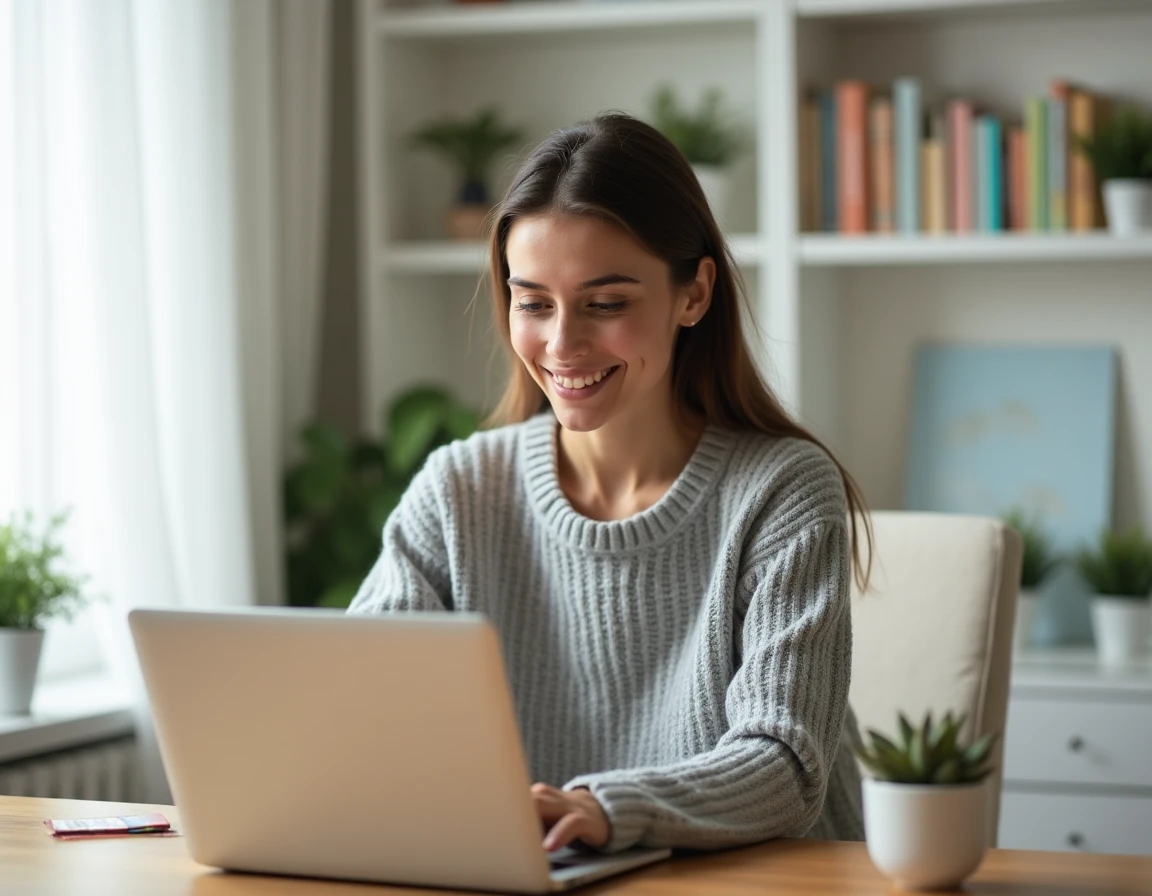 Jeune femme naviguant sur le plan du site Happy Maman depuis son bureau à domicile