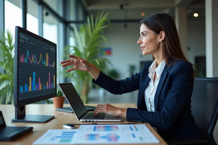 Femme professionnelle analysant des tableaux de bord numériques dans un bureau moderne pour booster la communication d'entreprise