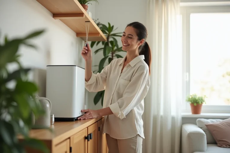 Femme installant un purificateur d'air dans un salon moderne et sain