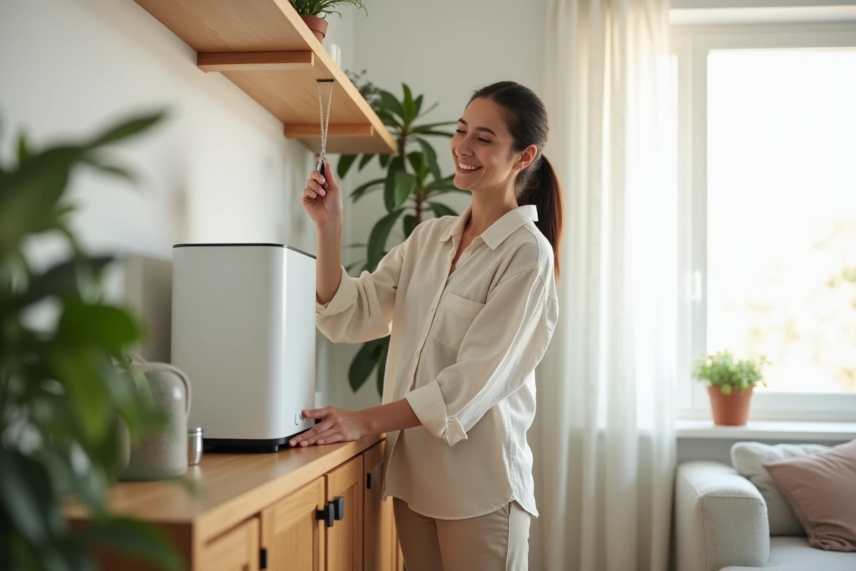 Femme installant un purificateur d'air dans un salon moderne et sain