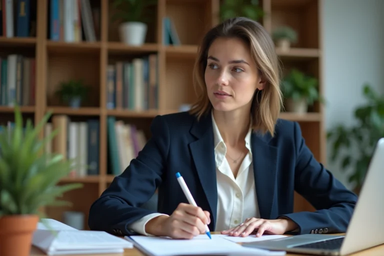 Femme en reconversion professionnelle consultant ses notes dans un bureau à domicile moderne