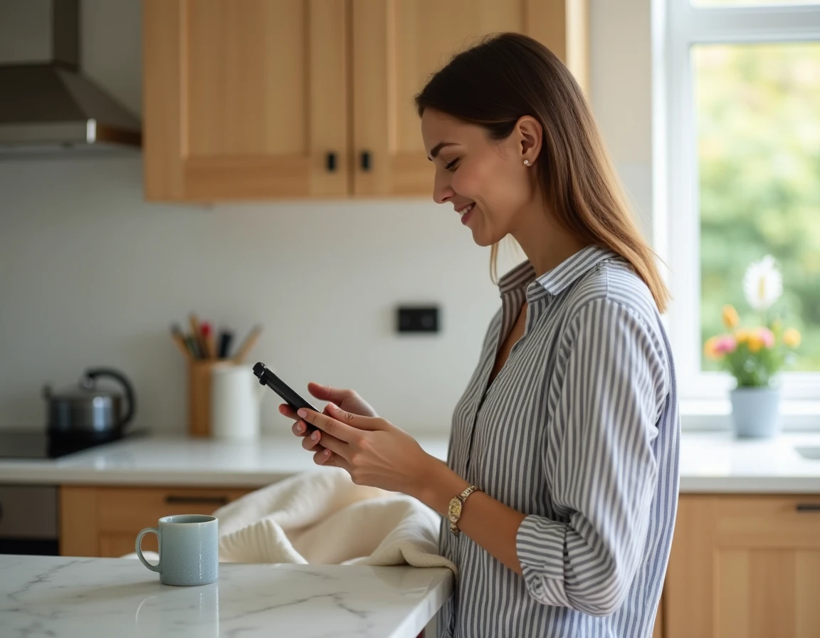 Femme utilisant son smartphone pour consulter le plan du site Happy Maman dans sa cuisine