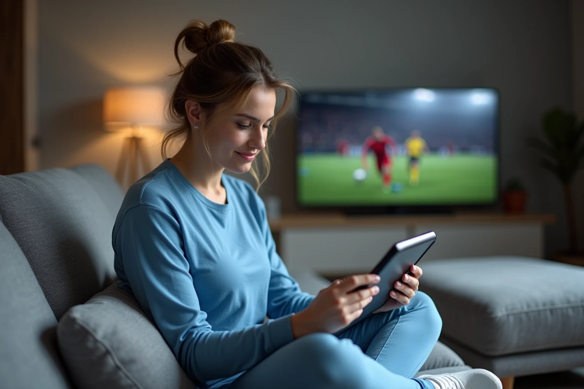 Femme regardant du sport en streaming sur une tablette confortablement installée dans son salon