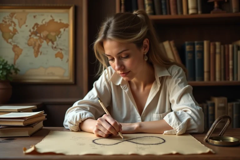 Femme étudiant le symbole de l'infini tracé sur du parchemin dans un bureau académique rempli de livres de mathématiques