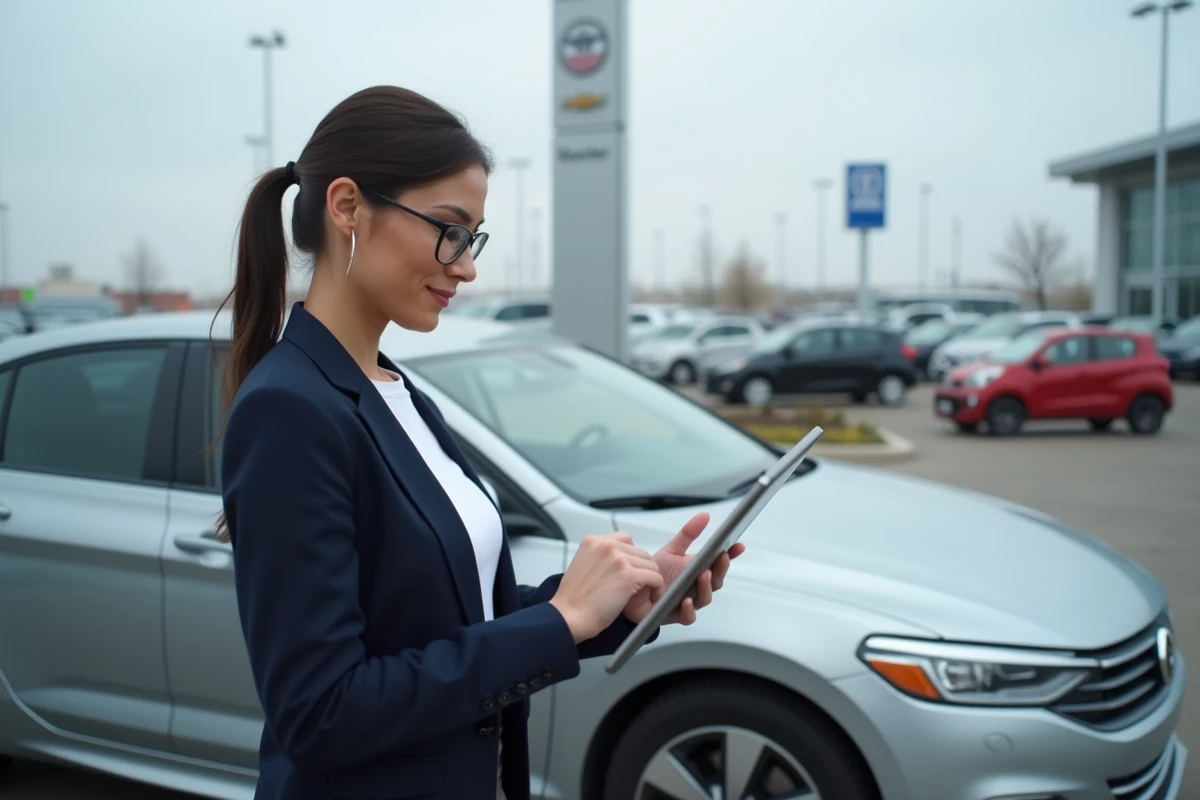 Femme vérifiant la fiabilité d'une voiture sur tablette dans un parking de concession automobile