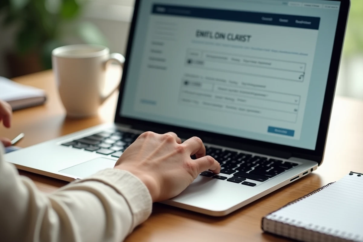 Gros plan d'un formulaire en ligne sur écran d'ordinateur portable avec un champ 'Apt.' visible et une main sur le clavier, illustrant comment abréger le mot appartement correctement