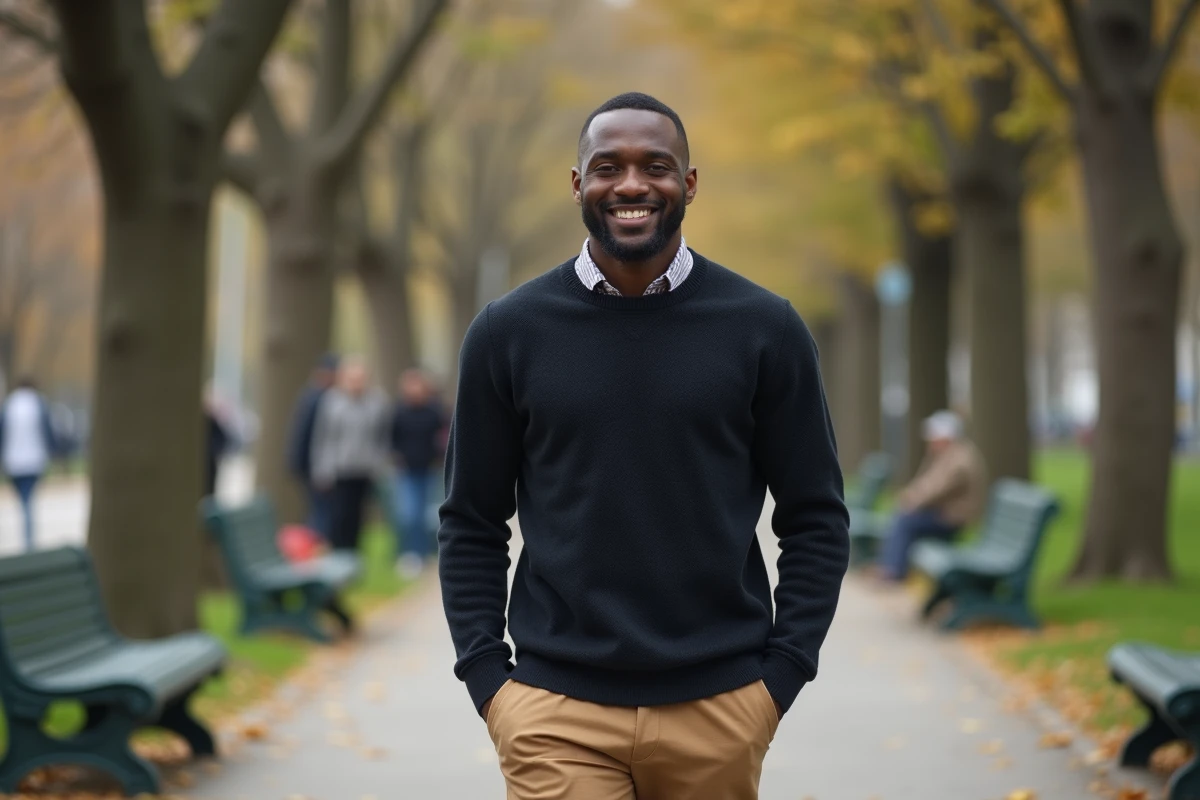 Homme africain marchant dans un parc urbain calme