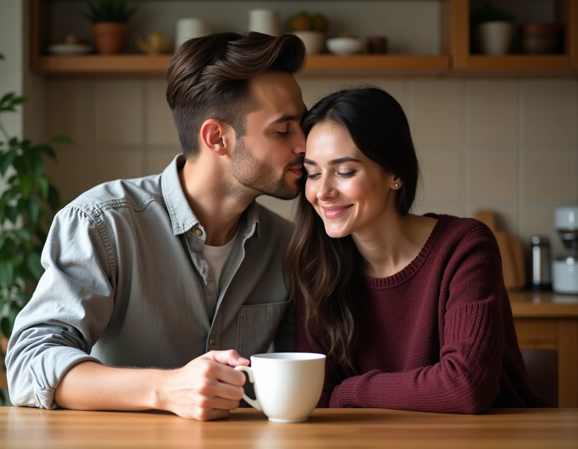 Homme amoureux embrassant tendrement le front de sa compagne dans une cuisine chaleureuse le matin