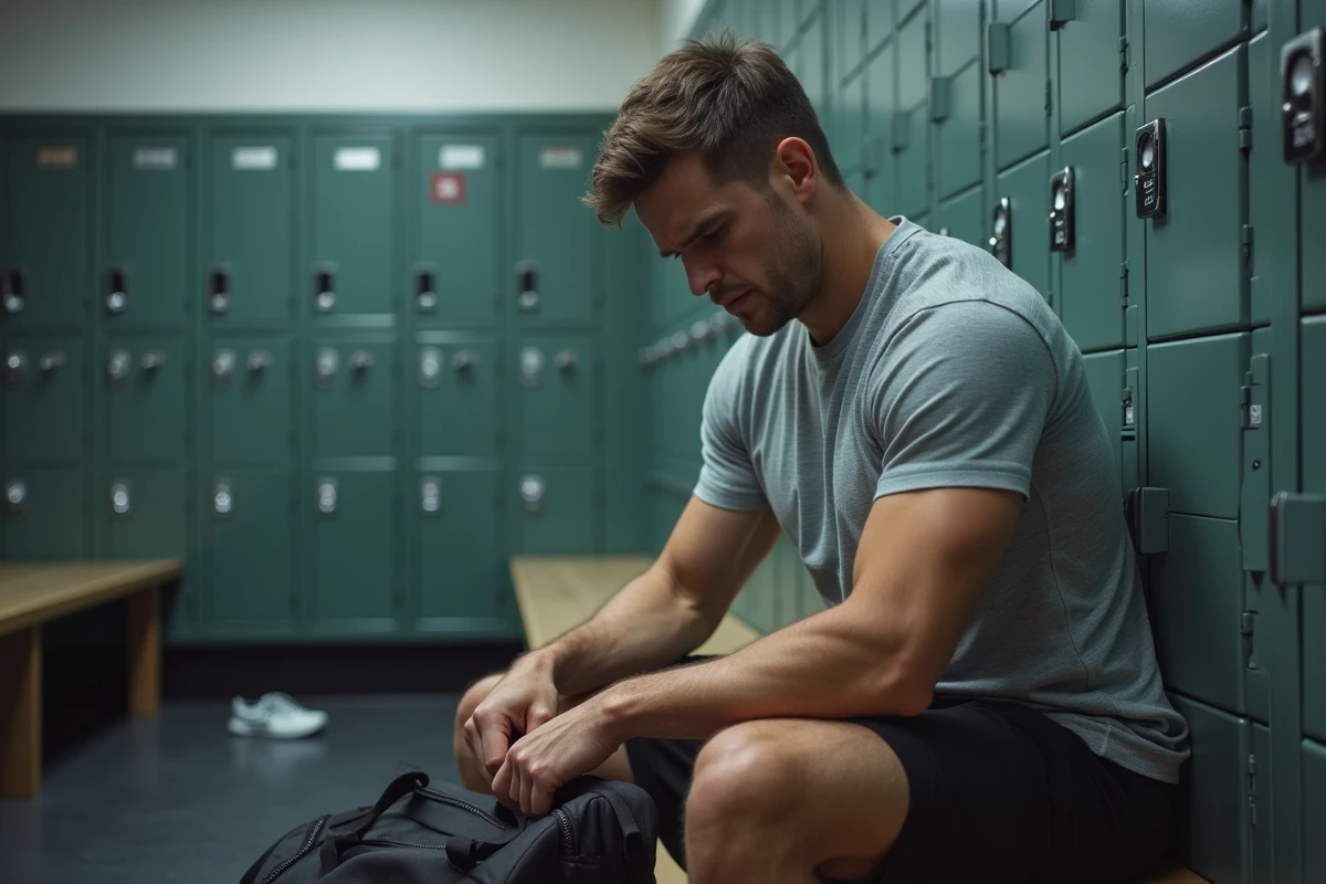 Homme cherchant sa carte de fitness dans un vestiaire de salle de sport après l'avoir perdue