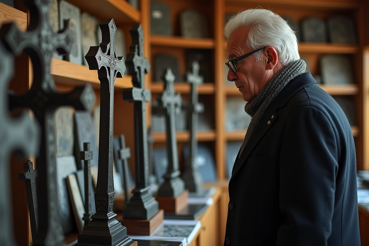 Homme examinant des croix en métal dans un magasin de monuments