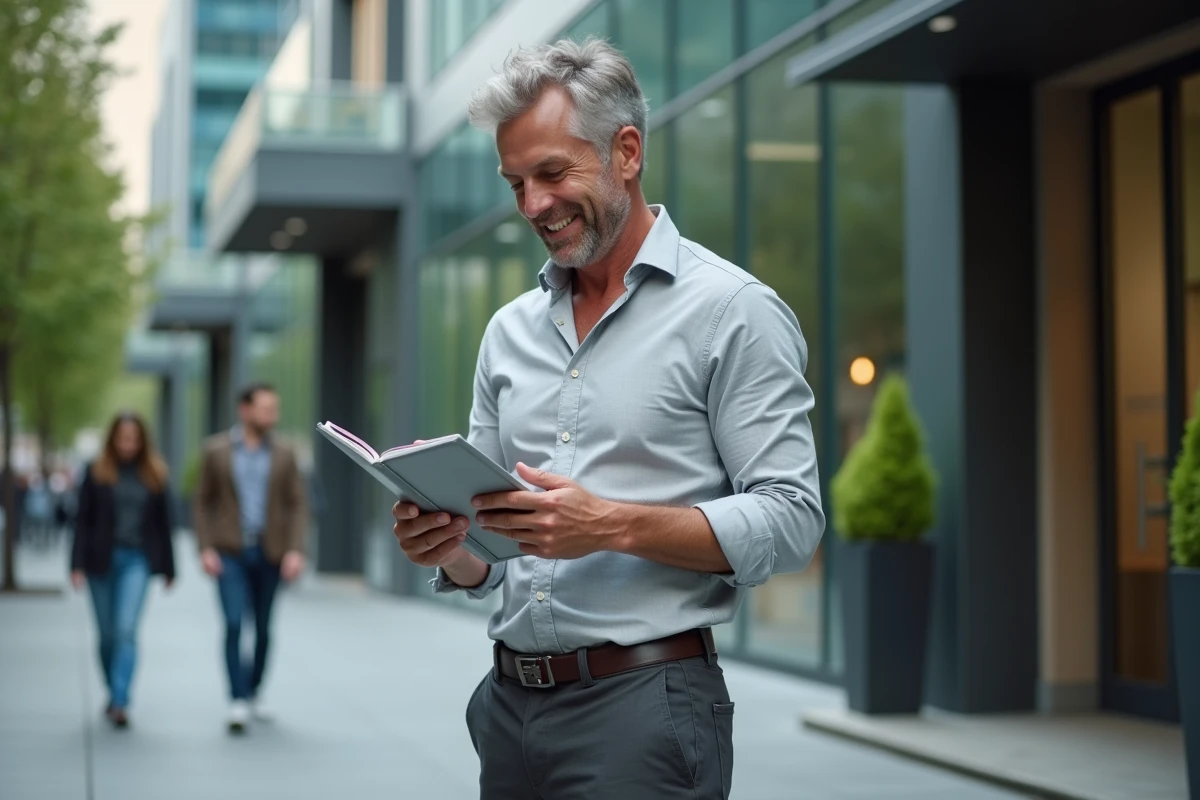 Homme confiant devant un espace de coworking moderne tenant un cahier de notes lors d'un changement de carrière