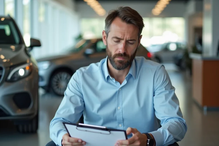 Homme consultant une fiche fiabilité automobile chez un concessionnaire avant d'acheter un véhicule