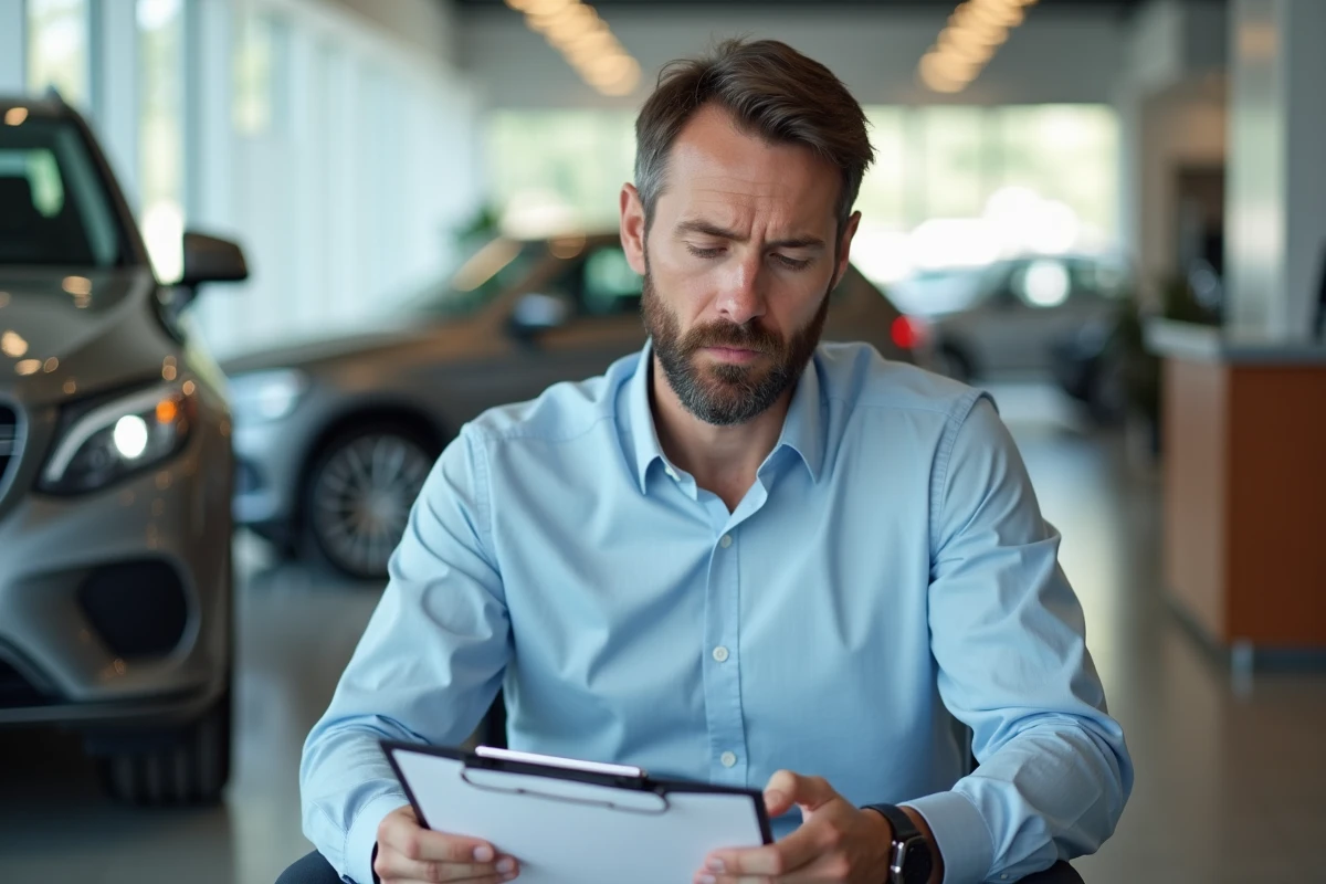 Homme consultant une fiche fiabilité automobile chez un concessionnaire avant d'acheter un véhicule