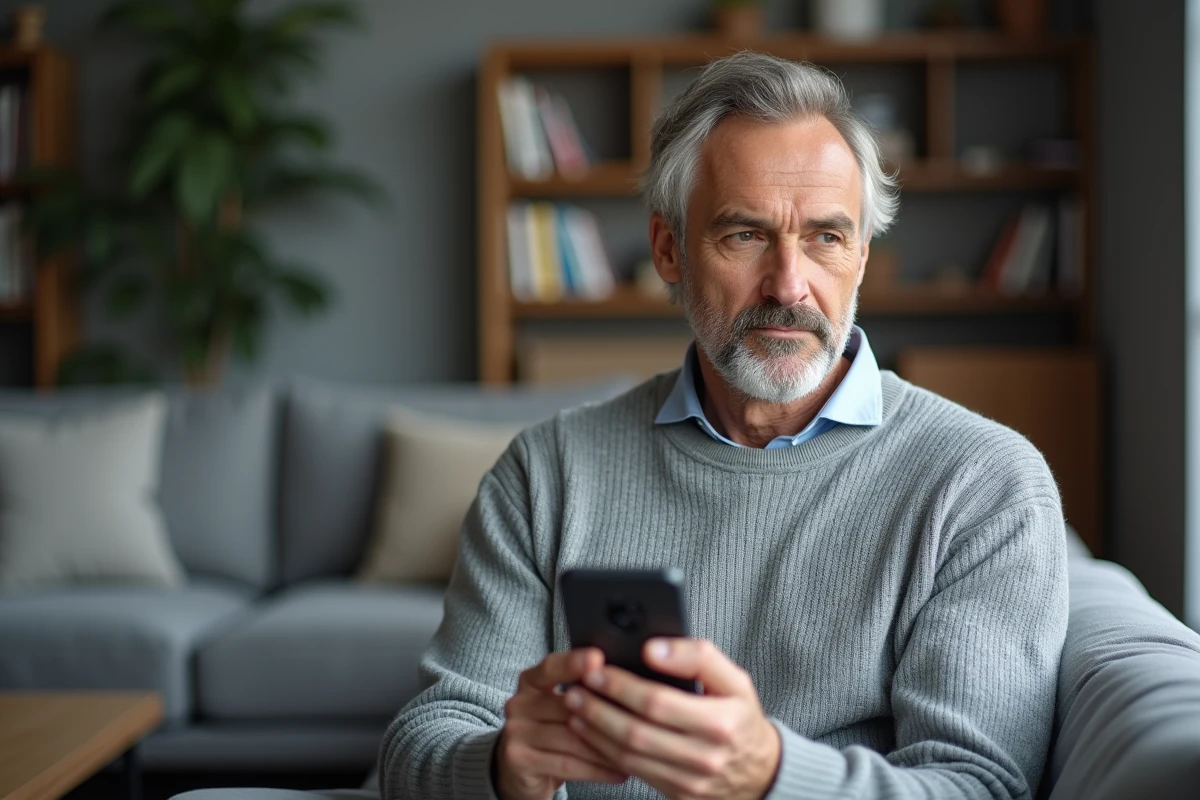 Homme consultant l'application 123 Loger sur smartphone pour vérifier un remboursement