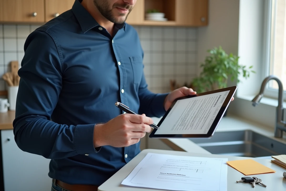 Homme consultant un formulaire administratif sur tablette dans une cuisine moderne, avec un champ d'adresse visible illustrant l'abréviation d'appartement dans un formulaire en ligne