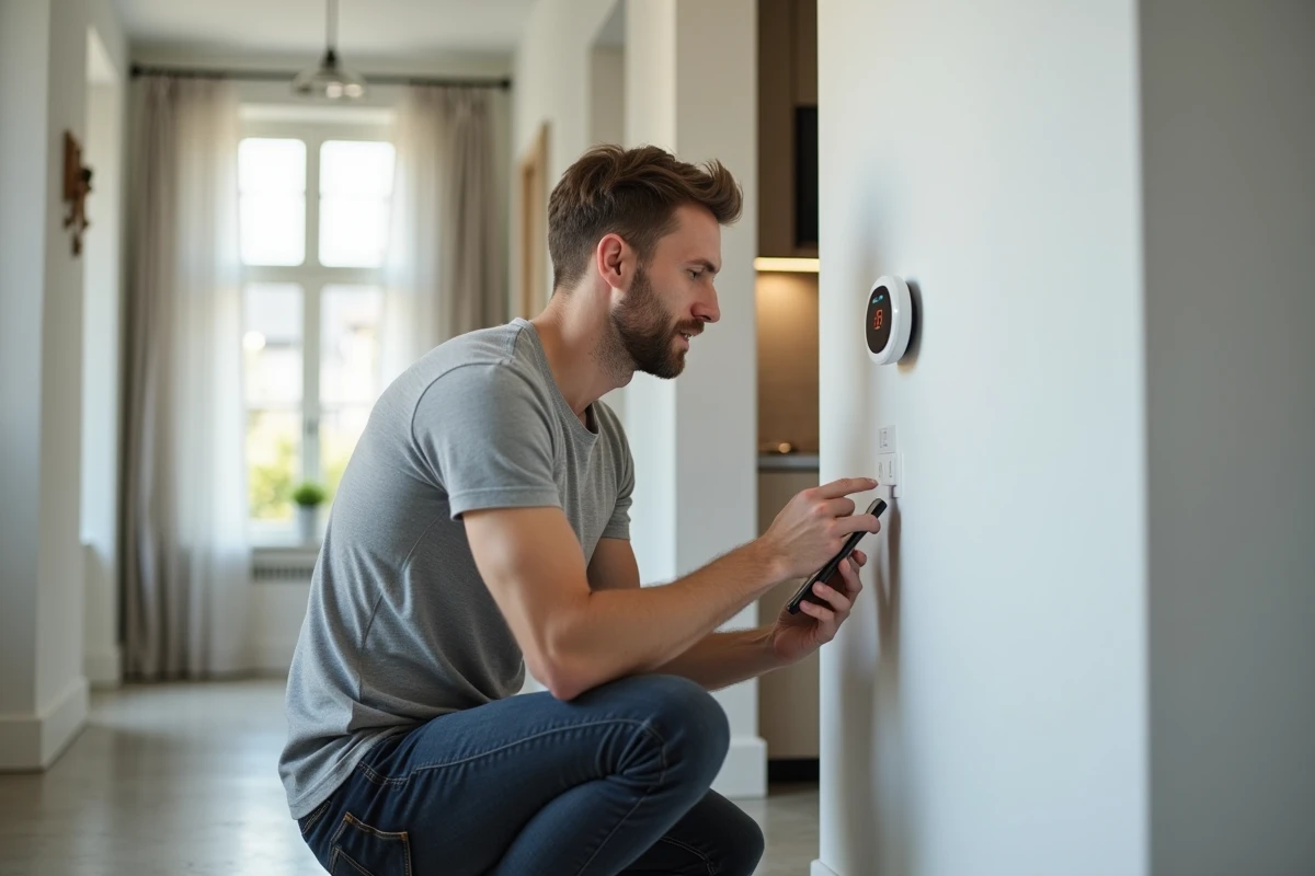 Homme réglant un thermostat connecté pour optimiser la qualité de l'air intérieur