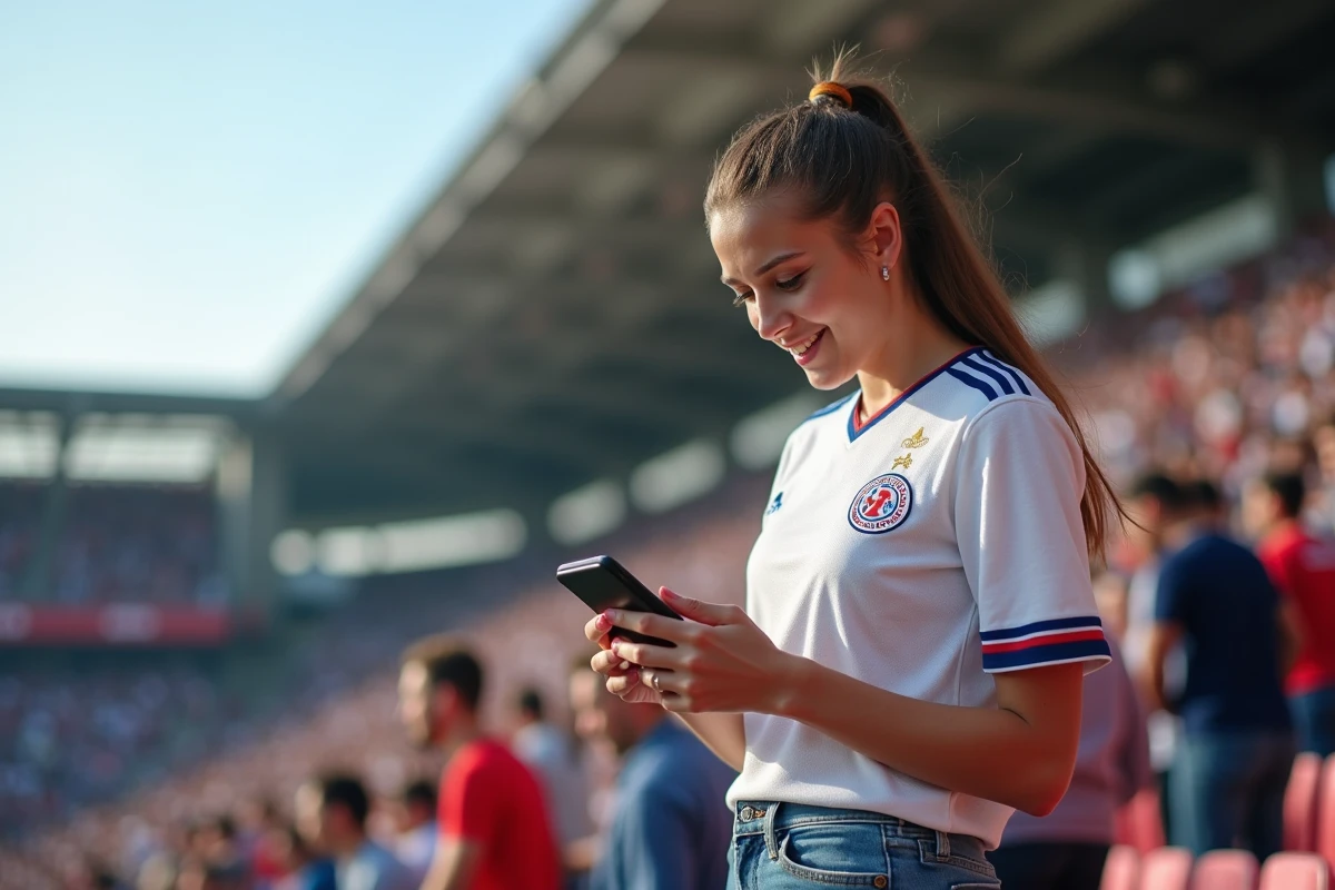 Jeune femme en maillot AJ Auxerre au stade