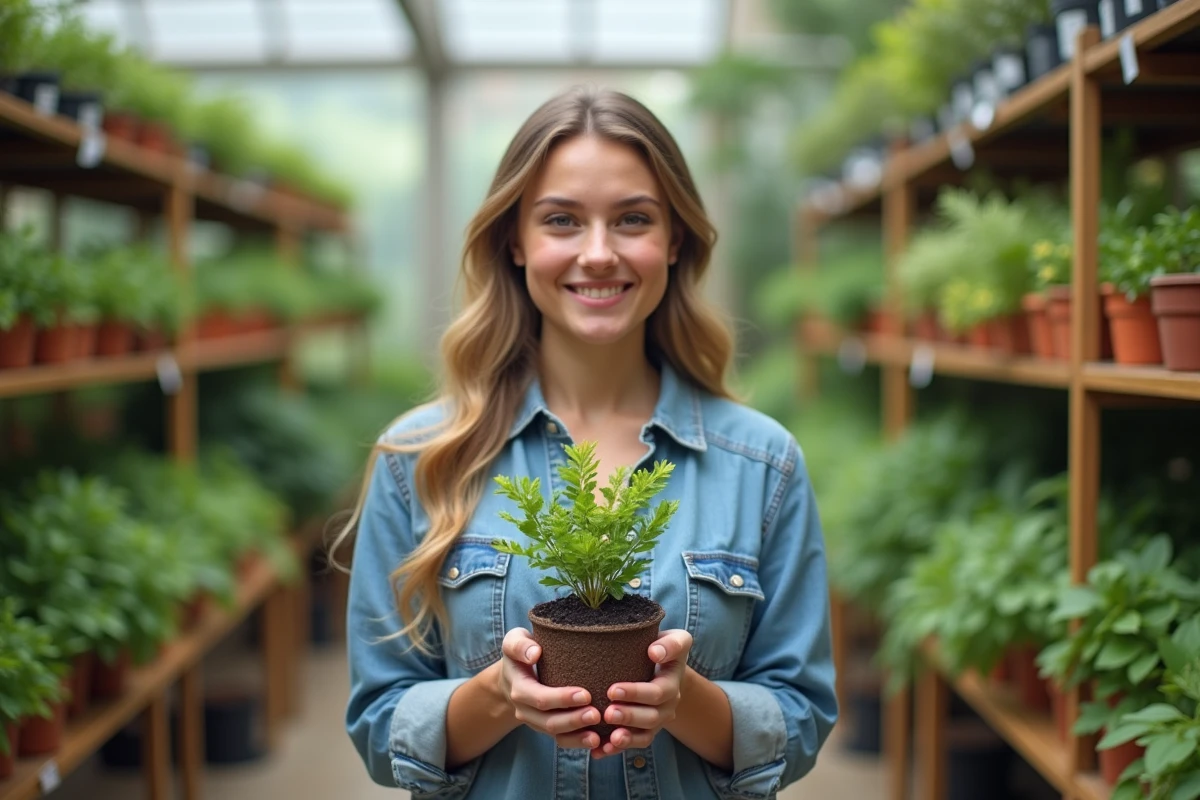 Jeune femme tient un jeune Rhus viminalis dans un conservatoire
