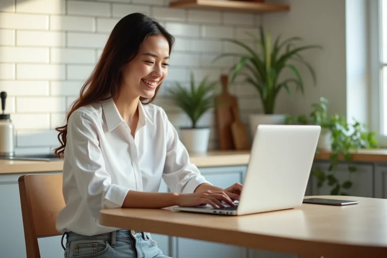 Jeune femme souriante utilisant un ordinateur dans une cuisine moderne