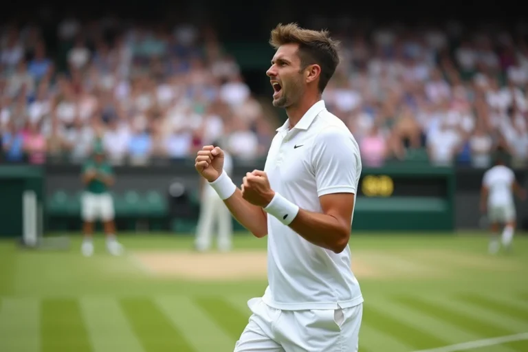 Joueur de tennis professionnel célébrant une victoire sur le court en gazon de Wimbledon devant un stade comble