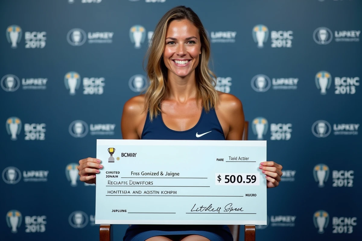 Joueuse de tennis tenant un chèque géant représentant ses gains lors d'une conférence de presse après un grand tournoi