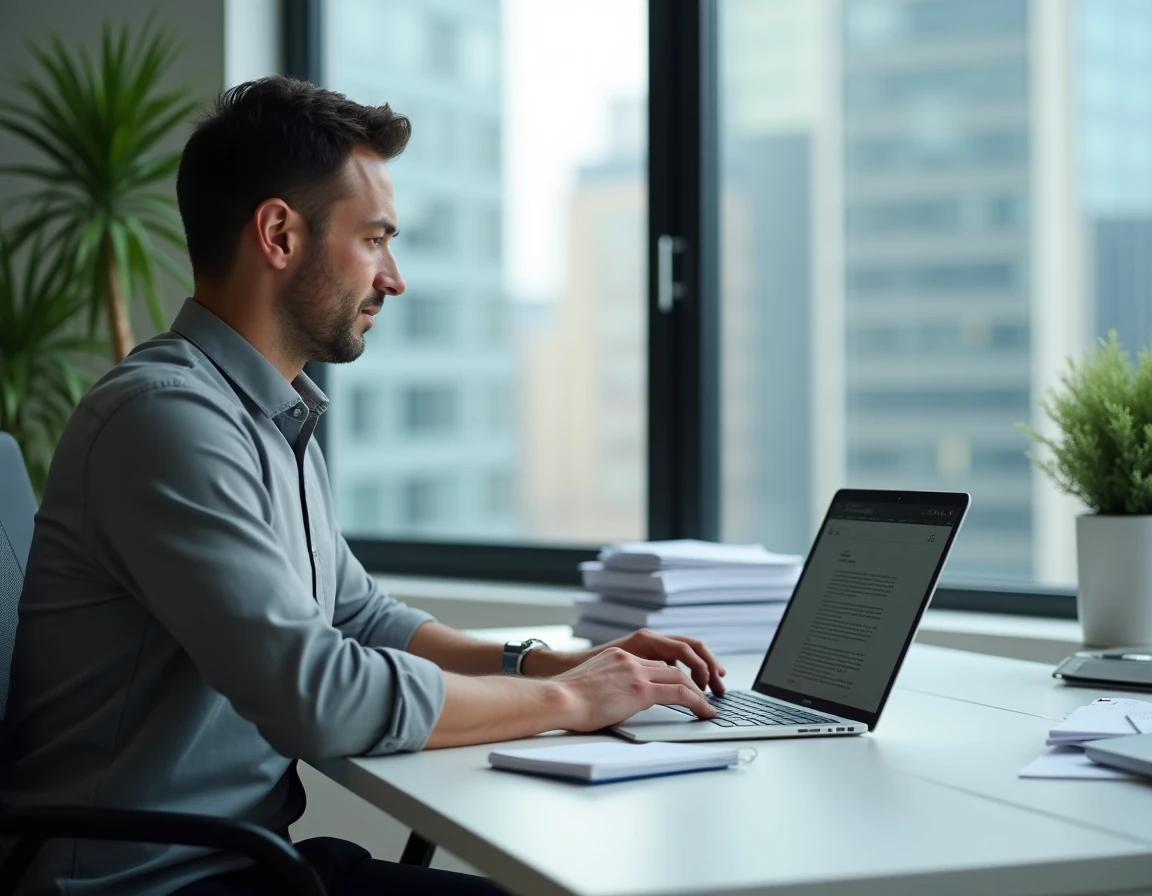 Homme tapant une lettre officielle à l'ordinateur portable pour l'envoyer à un juge dans un bureau moderne