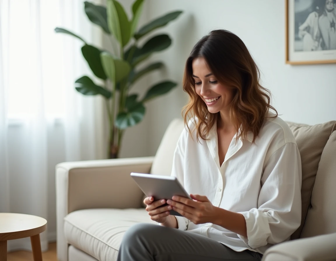Maman consultant le plan du site Happy Maman sur une tablette dans son salon