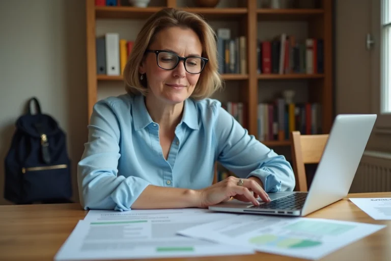 Mère de famille consultant les documents de la CAF pour une aide financière voyage scolaire