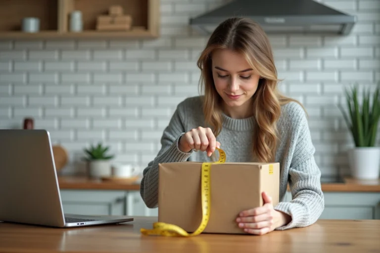 Femme mesurant les dimensions d'un colis carton pour un envoi Mondial Relay via Vinted