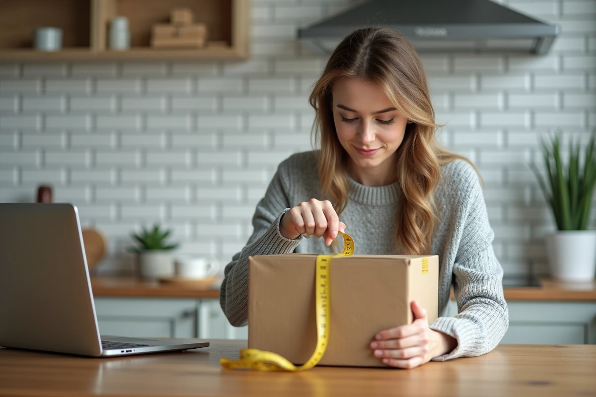 Femme mesurant les dimensions d'un colis carton pour un envoi Mondial Relay via Vinted