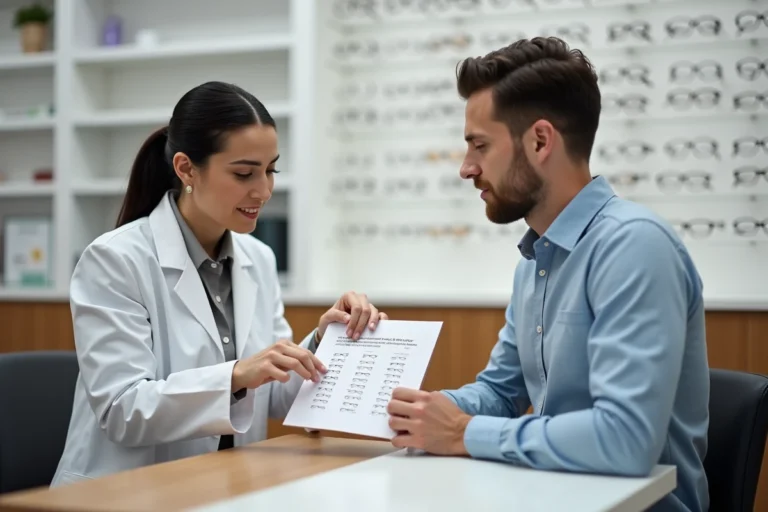 Opticienne agréée Crédit Mutuel présentant un document de partenariat à un client dans une boutique d'optique moderne