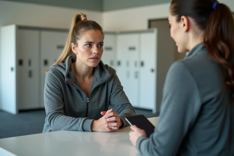 Femme en tenue de sport signalant la perte de sa carte Basic Fit à l'accueil d'une salle de fitness