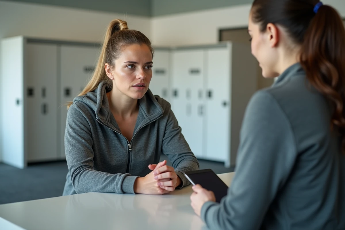 Femme en tenue de sport signalant la perte de sa carte Basic Fit à l'accueil d'une salle de fitness