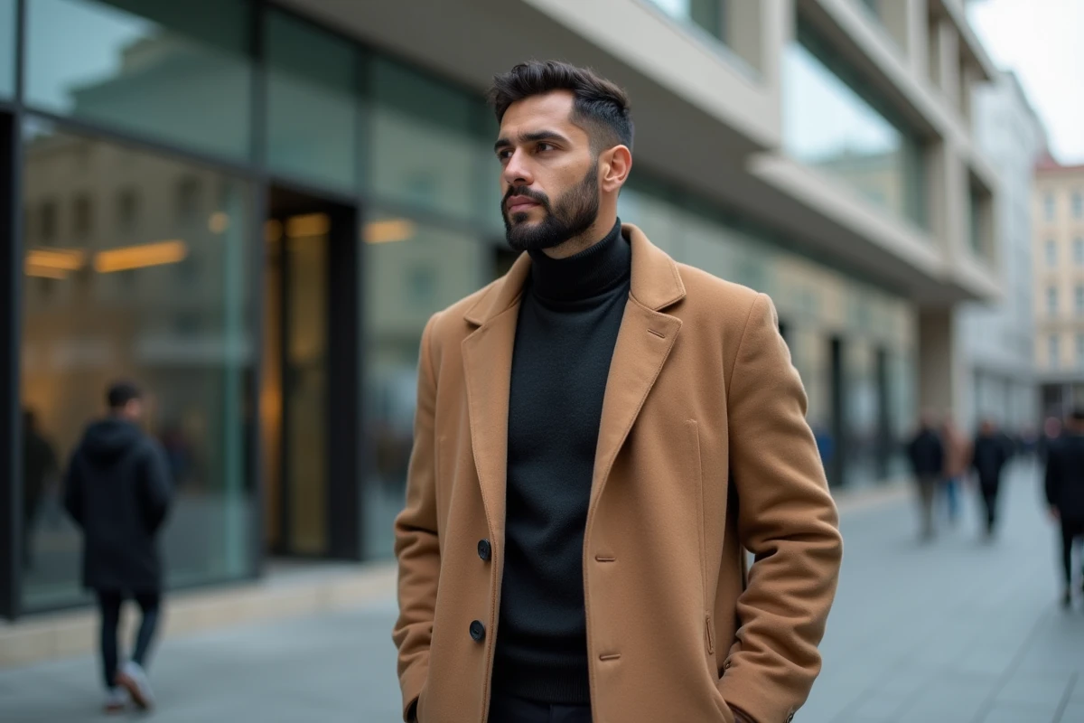 Homme entrepreneur en manteau camel posant devant une façade architecturale urbaine moderne, ambiance éditoriale professionnelle