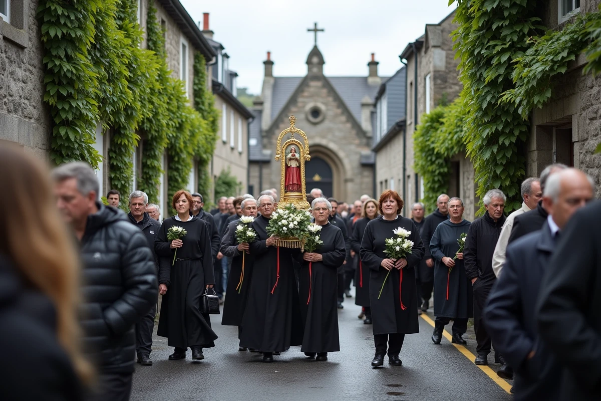 Procession religieuse d'un pardon breton dans un village de Finistère avec statue dorée et costumes traditionnels