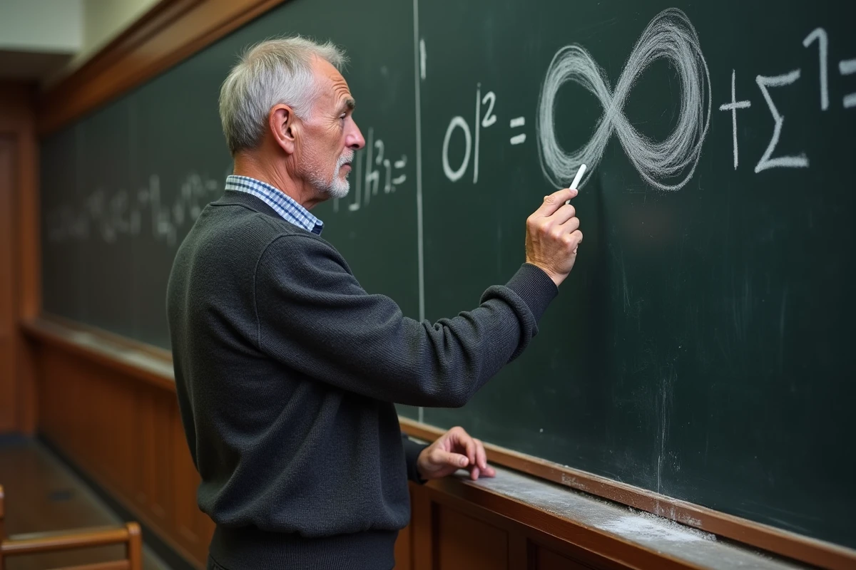 Professeur de mathématiques expliquant l'origine du symbole de l'infini devant un tableau noir couvert d'équations