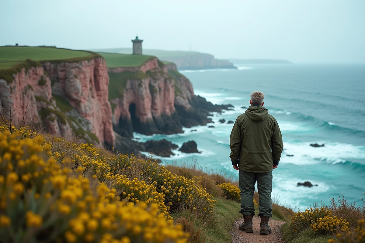 Randonneur contemplant les falaises de granit rose et le phare du Cap Fréhel en Bretagne