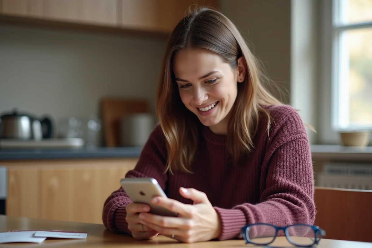 Femme consultant les opticiens agréés Crédit Mutuel sur son smartphone avec sa carte d'assurance sur la table