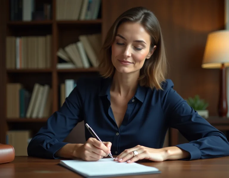 Femme rédigeant une lettre manuscrite destinée à un juge sur un bureau en bois dans un bureau à domicile