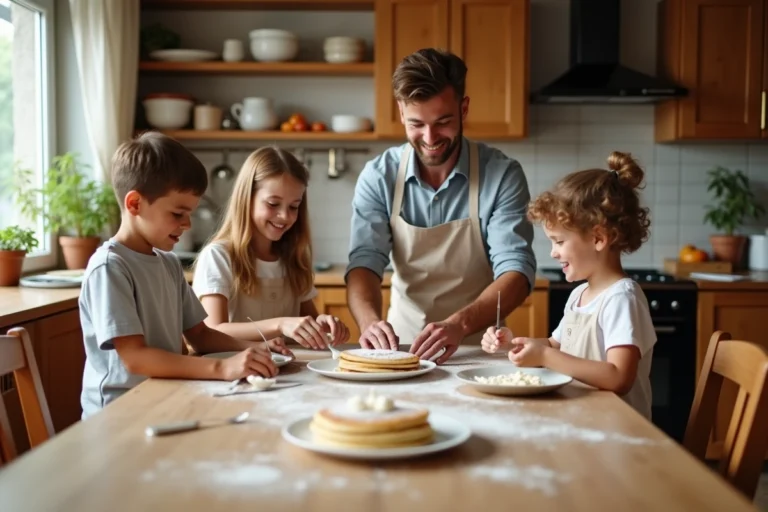 Famille réunie dans la cuisine le matin pour préparer des crêpes ensemble, créant une routine familiale harmonieuse et joyeuse