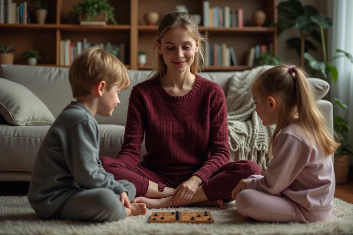 Mãe e filhos jogando um jogo de tabuleiro no tapete da sala, ilustrando uma nova rotina familiar relaxante à noite
