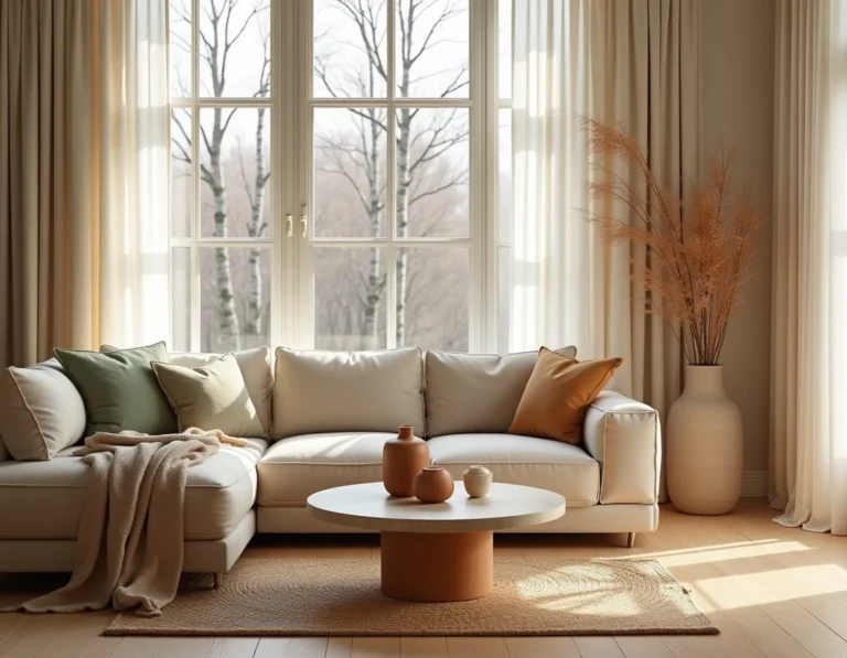 Salon scandinave moderne et confortable avec canapé en lin beige, table basse en travertin et décoration en tons naturels pour une maison tendance en 2024