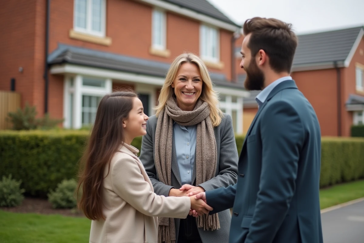 Consultante immobiliere saluant famille devant maison renovée