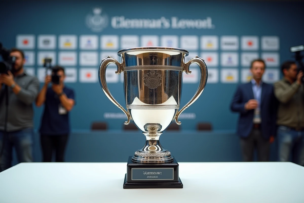Trophée de tennis en argent exposé lors d'une conférence de presse avec des bannières de sponsors en arrière-plan